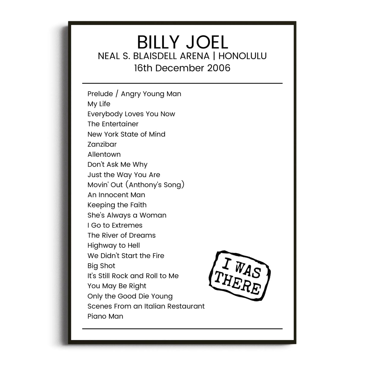 Billy Joel Honolulu 16 December 2006 Setlist Poster