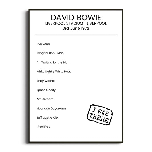 David Bowie Liverpool 03 June 1972 Setlist Poster