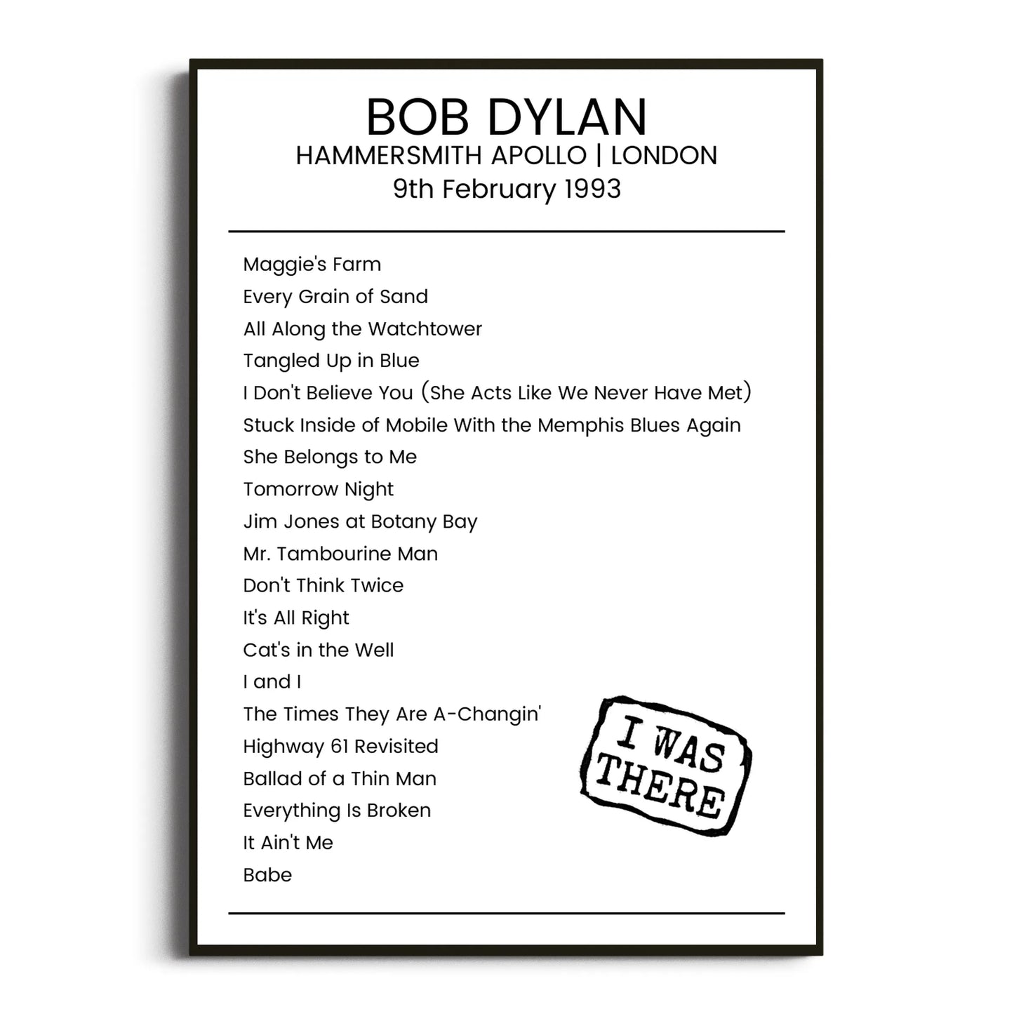 Bob Dylan London 09 February 1993 Setlist Poster