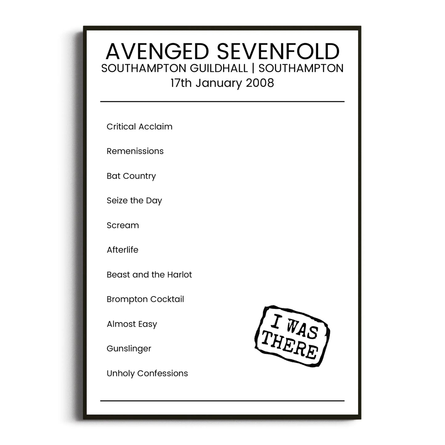 Avenged Sevenfold Southampton 17 January 2008 Setlist Poster