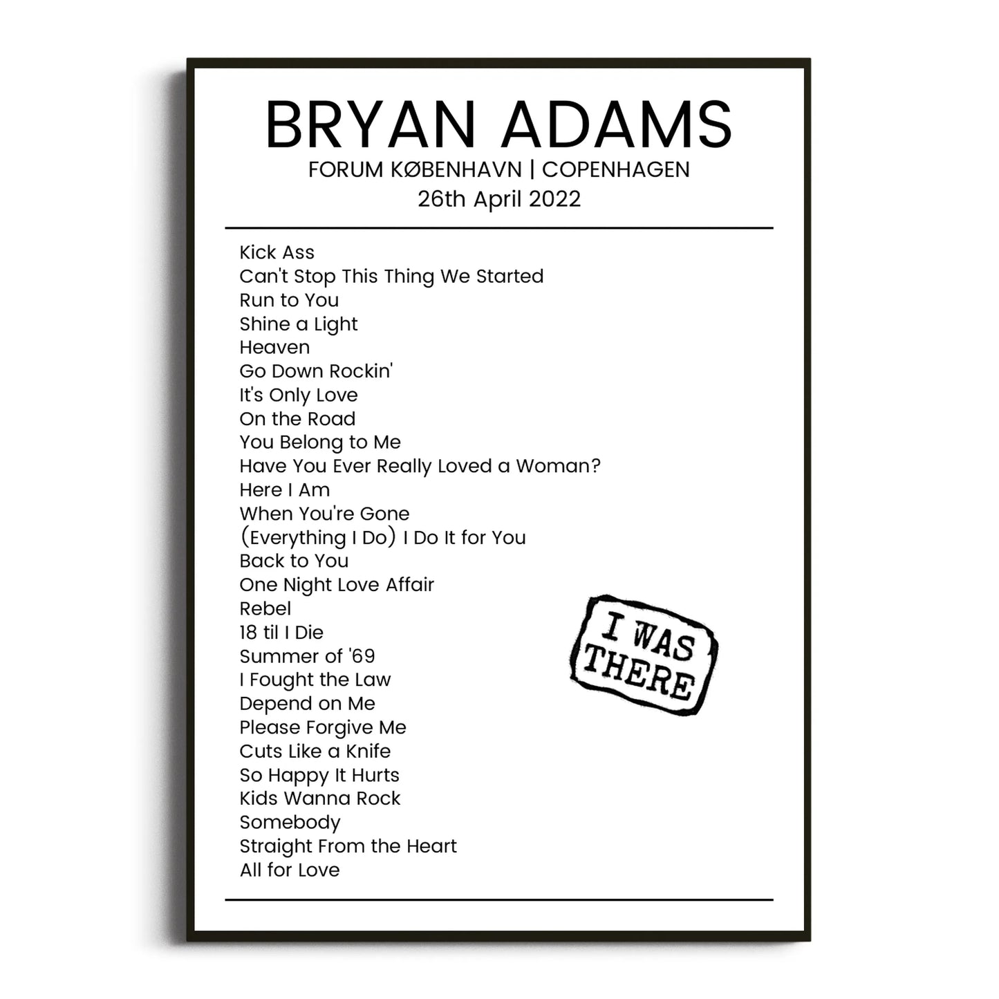 Bryan Adams Copenhagen 26 April 2022 Setlist Poster