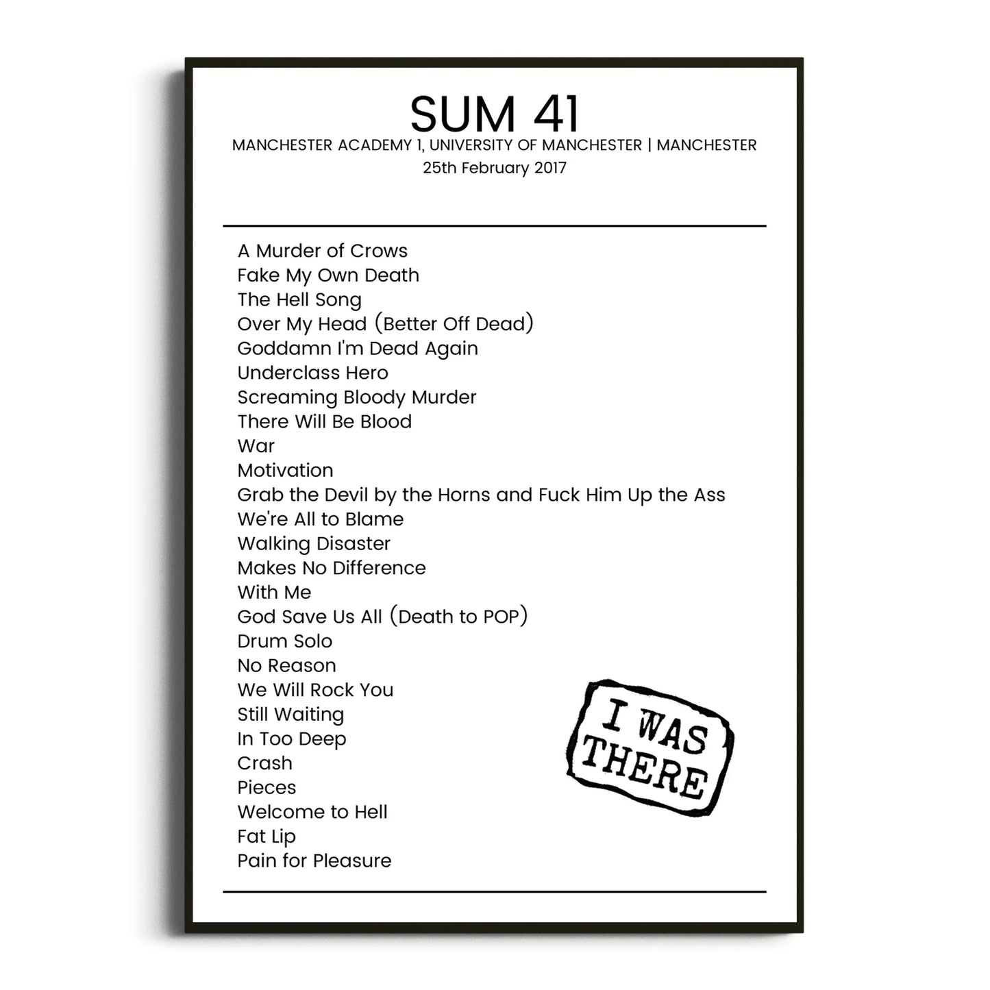 Sum 41 Manchester 25 February 2017 Setlist Poster