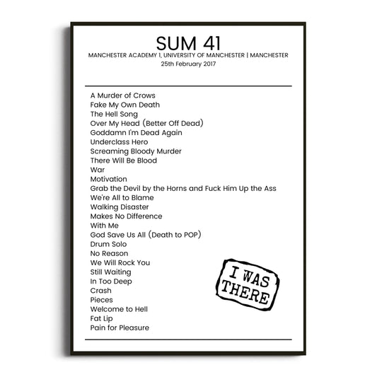 Sum 41 Manchester 25 February 2017 Setlist Poster