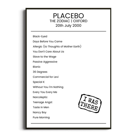 Placebo Oxford 20 July 2000 Setlist Poster