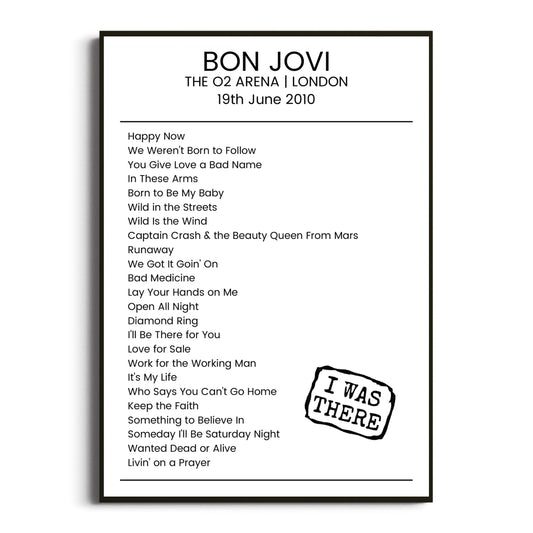 Bon Jovi London 19 June 2010 Setlist Poster