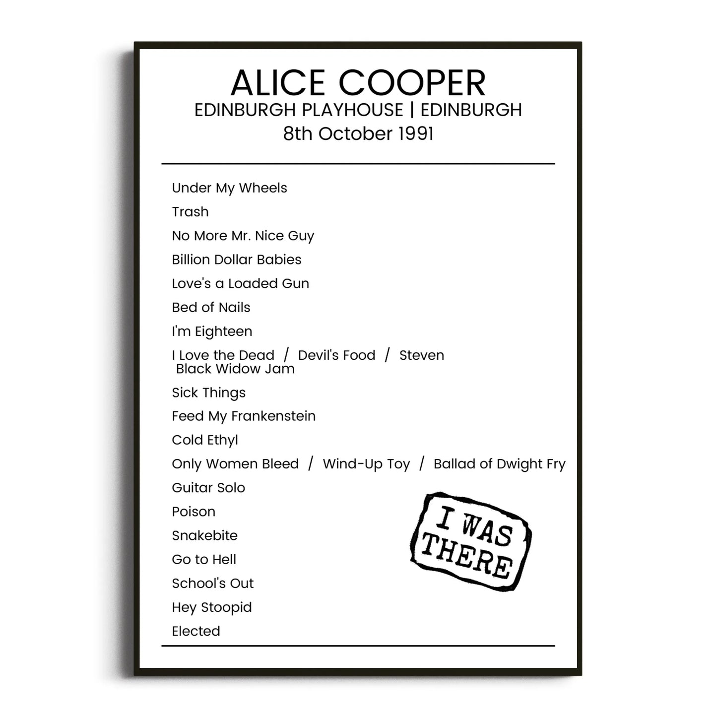 Alice Cooper Edinburgh 08 October 1991 Setlist Poster