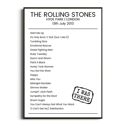 The Rolling Stones London 13 July 2013 Setlist Poster