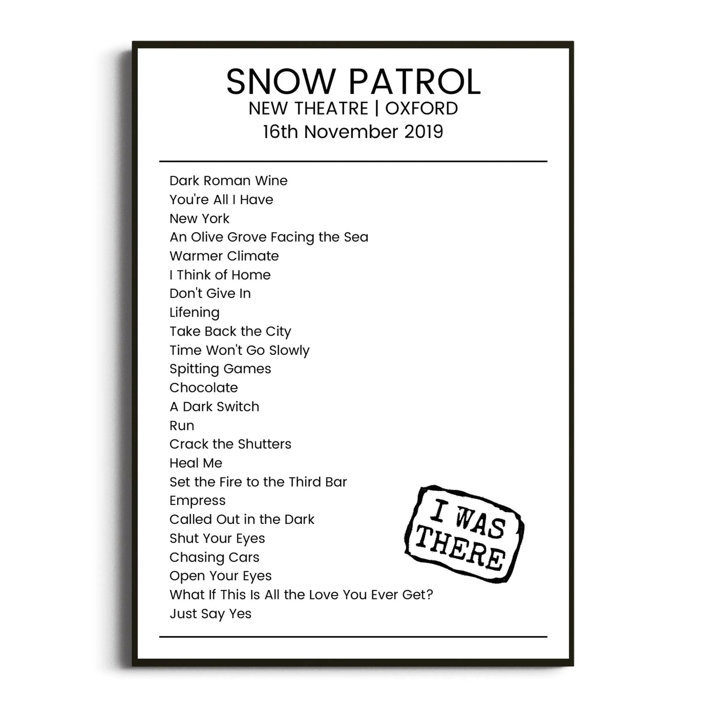 Snow Patrol Oxford 16 November 2019 Setlist Poster