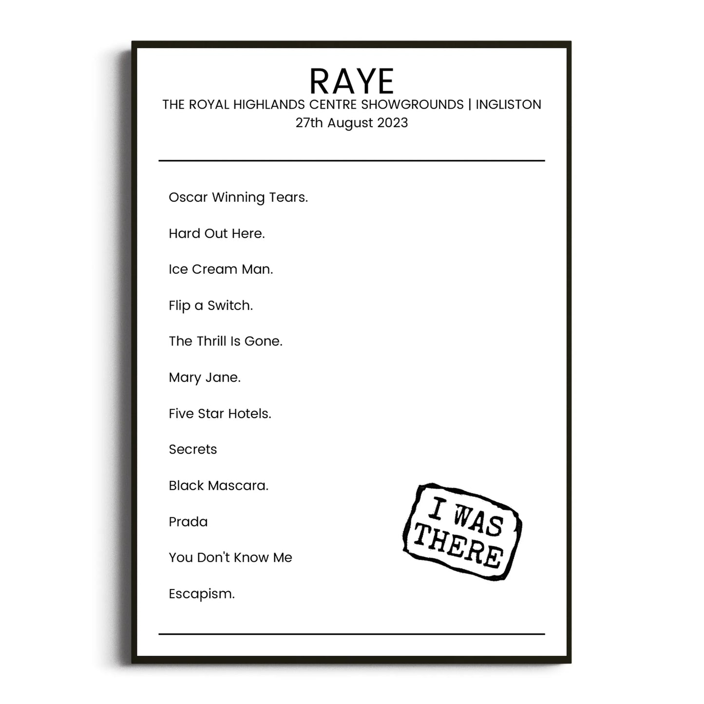 RAYE Ingliston 27 August 2023 Setlist Poster