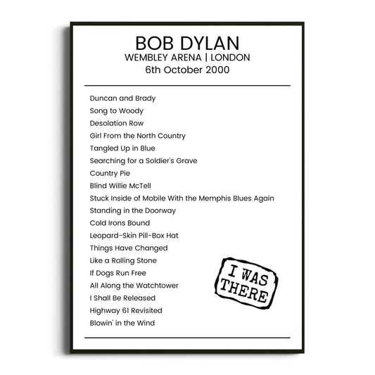 Bob Dylan London 06 October 2000 Setlist Poster