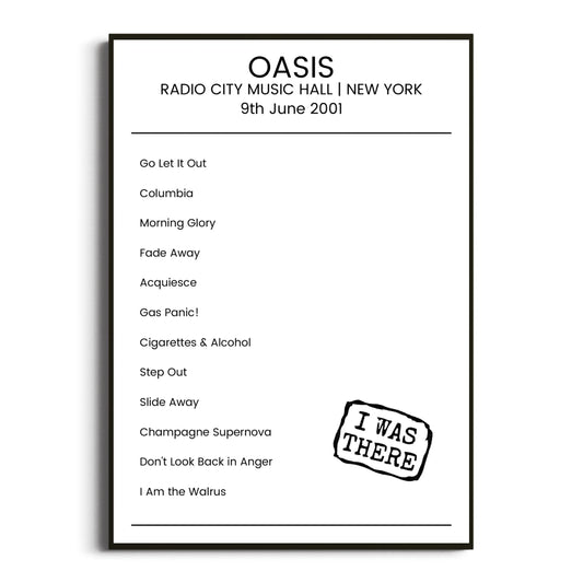 Oasis New York 09 June 2001 Setlist Poster