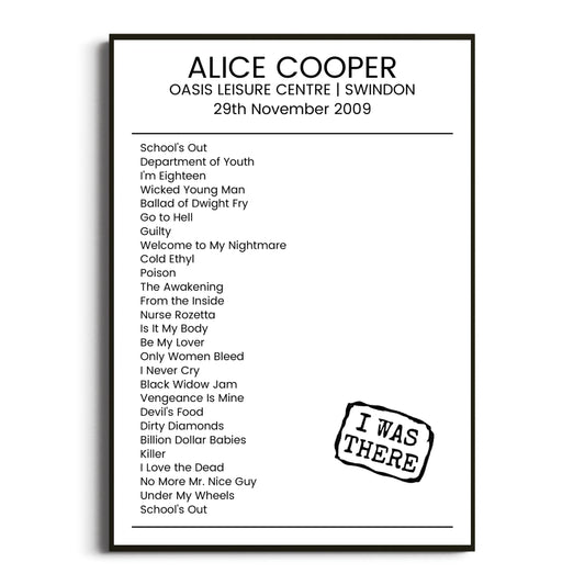 Alice Cooper Swindon 29 November 2009 Setlist Poster