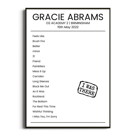 Gracie Abrams Birmingham 15 May 2022 Setlist Poster