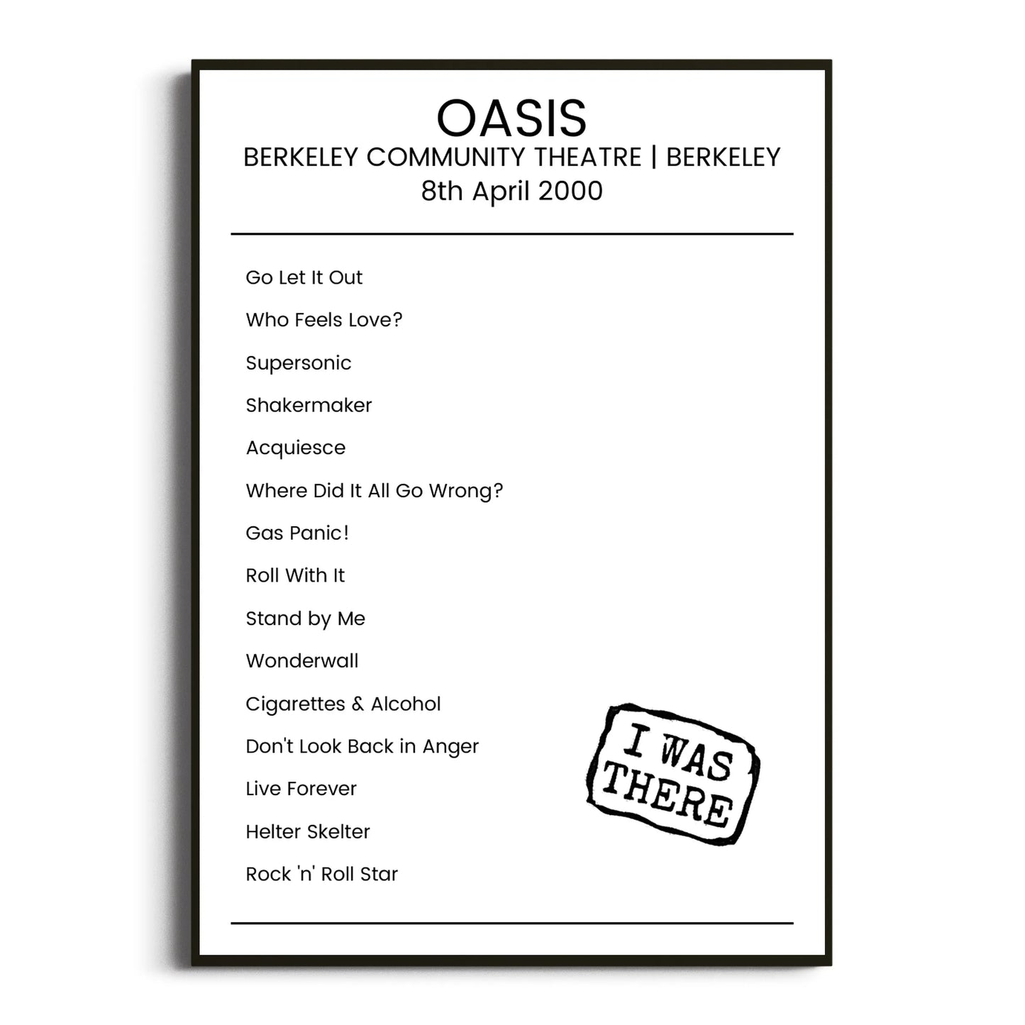 Oasis Berkeley 08 April 2000 Setlist Poster