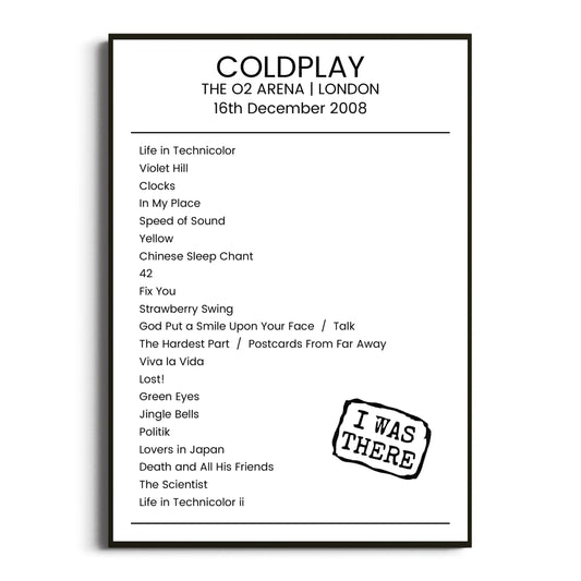 Coldplay London 16 December 2008 Setlist Poster