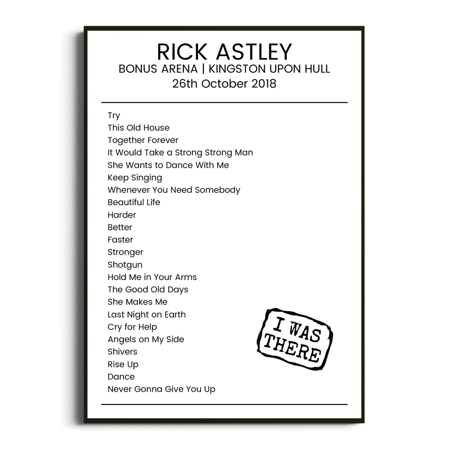 Rick Astley Kingston upon Hull 26 October 2018 Setlist Poster