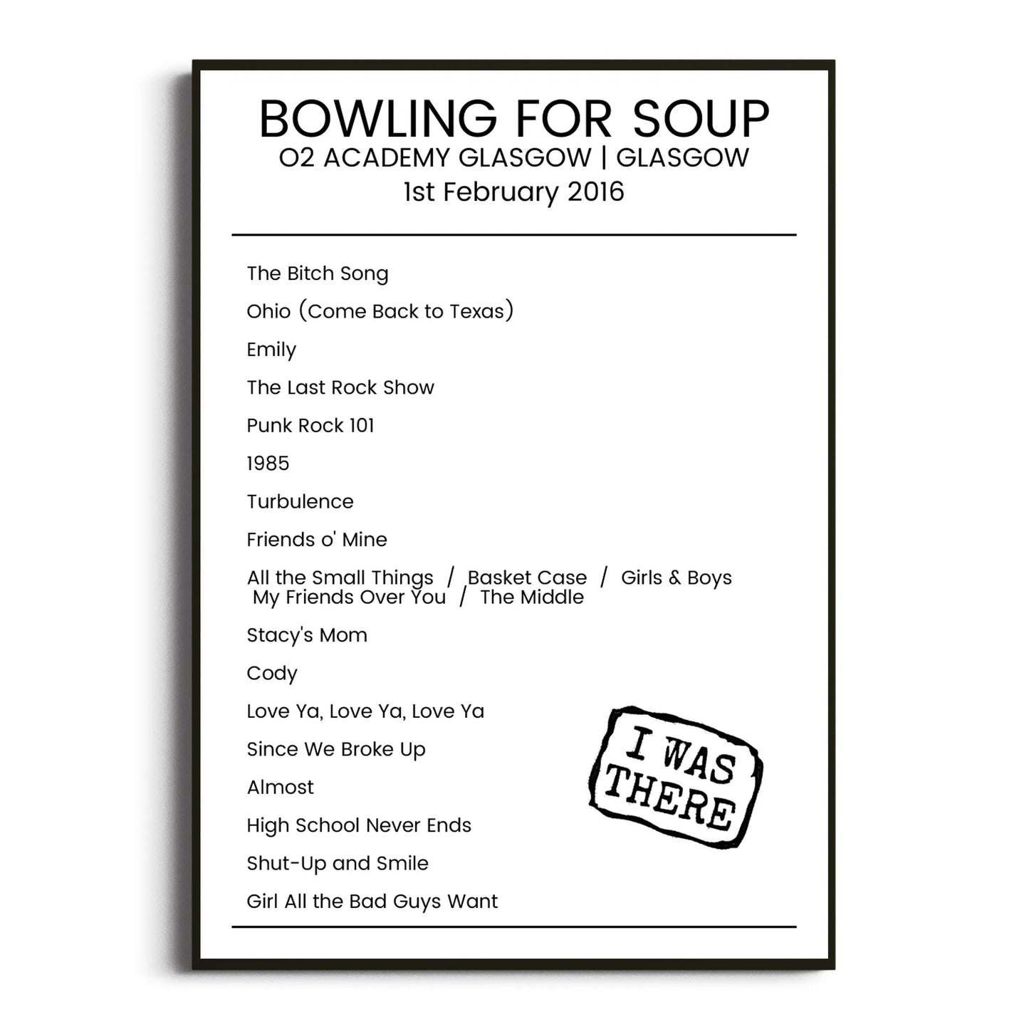 Bowling for Soup Glasgow 01 February 2016 Setlist Poster