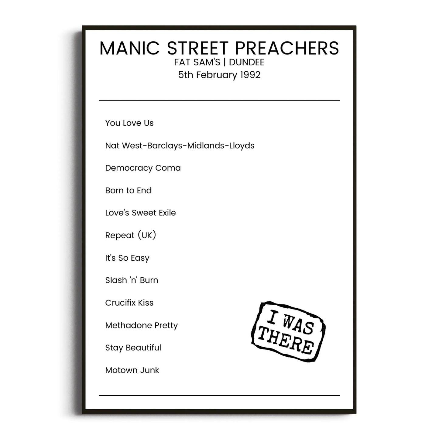 Manic Street Preachers Dundee 05 February 1992 Setlist Poster