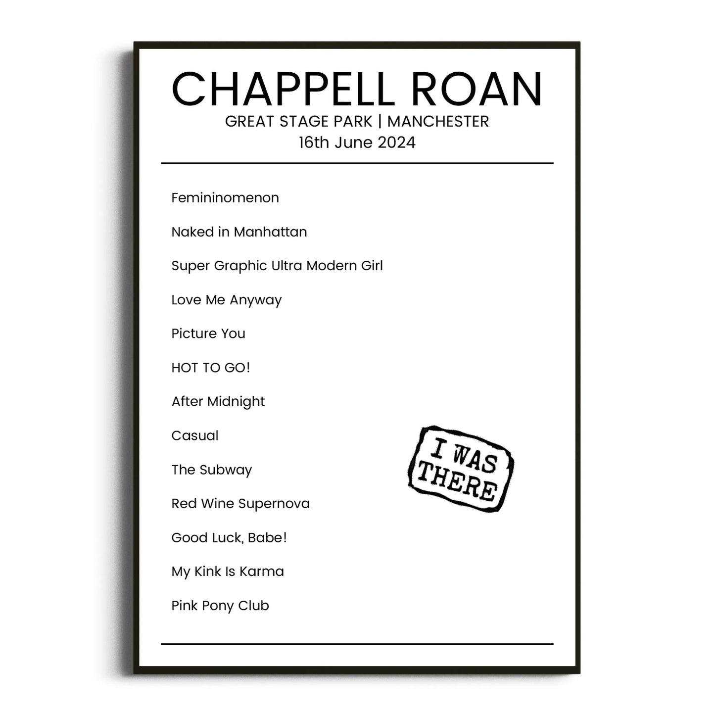 Chappell Roan Manchester 16 June 2024 Setlist Poster