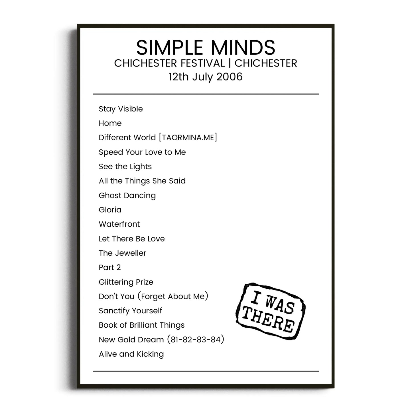 Simple Minds Chichester 12 July 2006 Setlist Poster