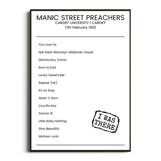 Manic Street Preachers Cardiff 17 February 1992 Setlist Poster