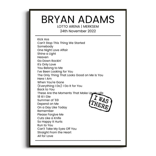 Bryan Adams Merksem 24 November 2022 Setlist Poster