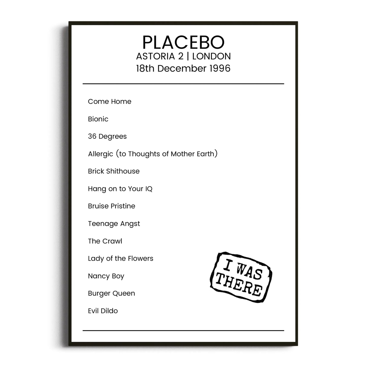 Placebo London 18 December 1996 Setlist Poster