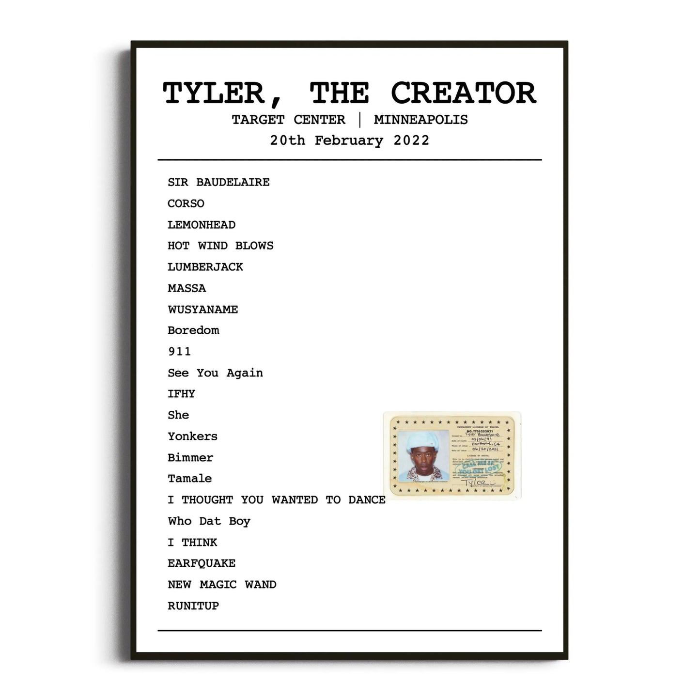 Tyler, The Creator Minneapolis 20 February 2022 Setlist Poster