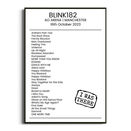 blink‐182 Manchester 16 October 2023 Setlist Poster