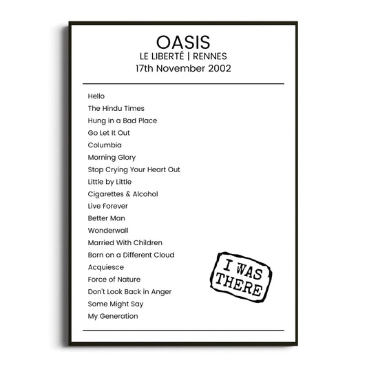 Oasis Rennes 17 November 2002 Setlist Poster