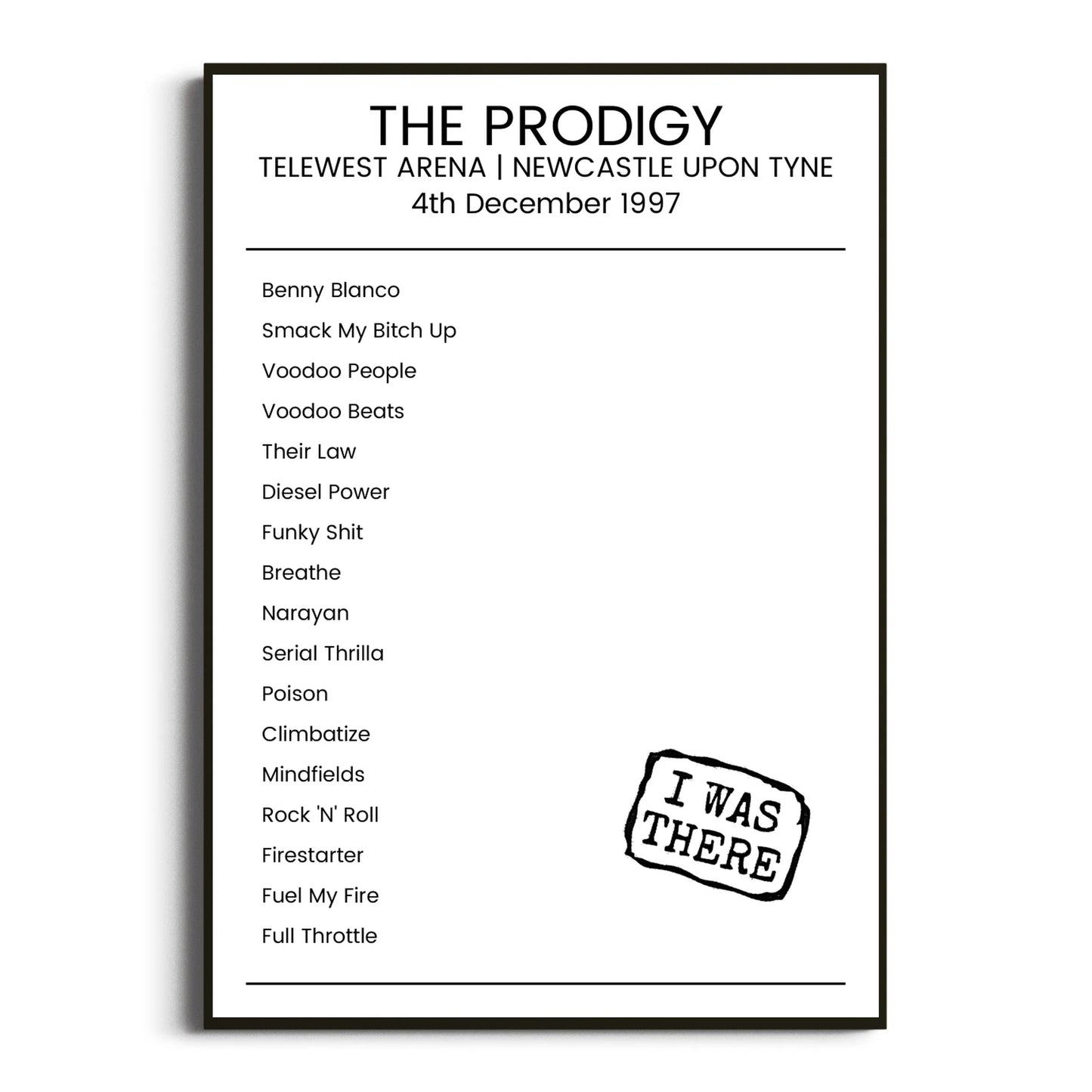 The Prodigy Newcastle upon Tyne 04 December 1997 Setlist Poster