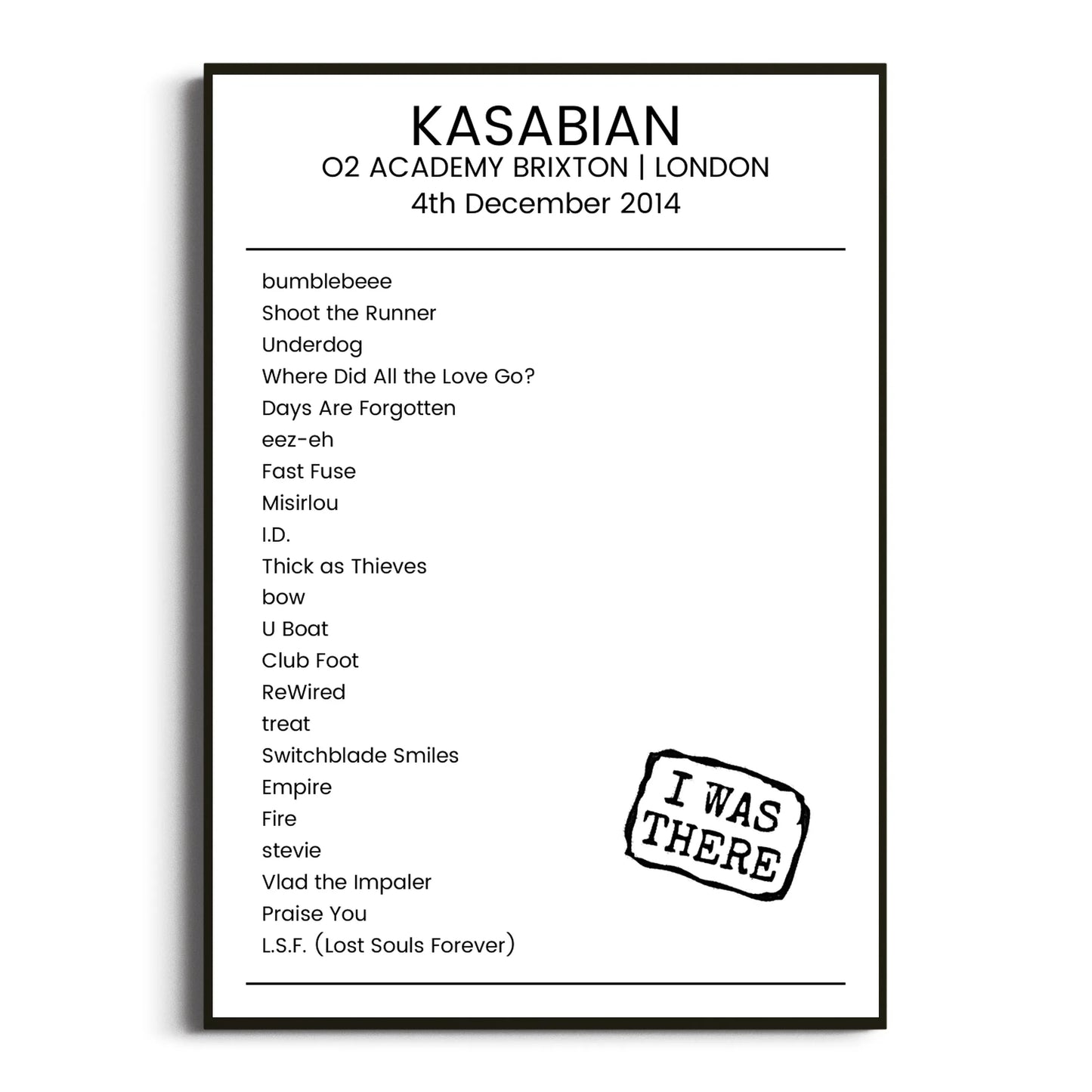 Kasabian London 04 December 2014 Setlist Poster