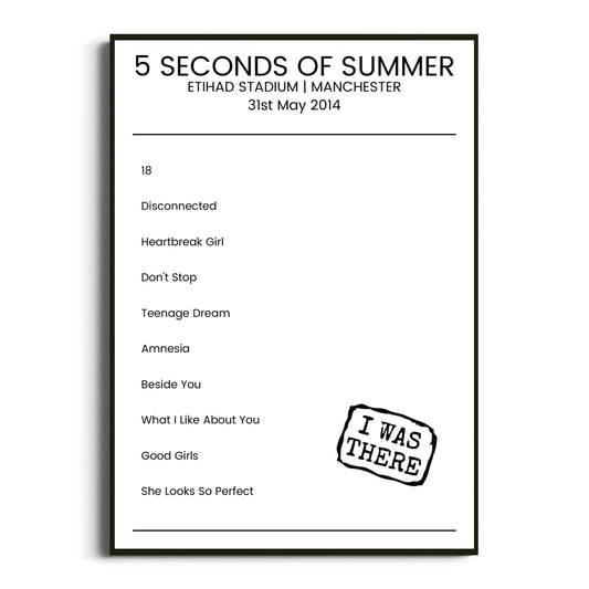 5 Seconds of Summer Manchester 31 May 2014 Setlist Poster