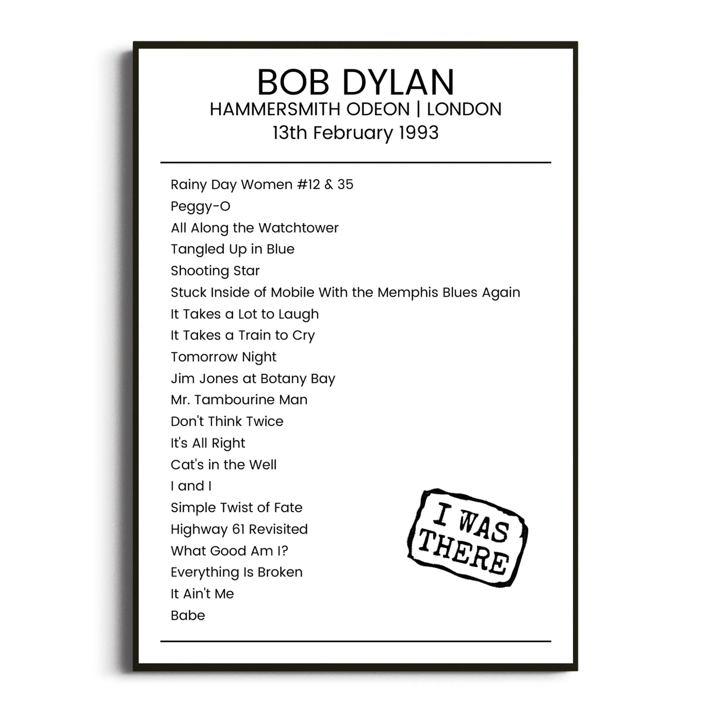 Bob Dylan London 13 February 1993 Setlist Poster