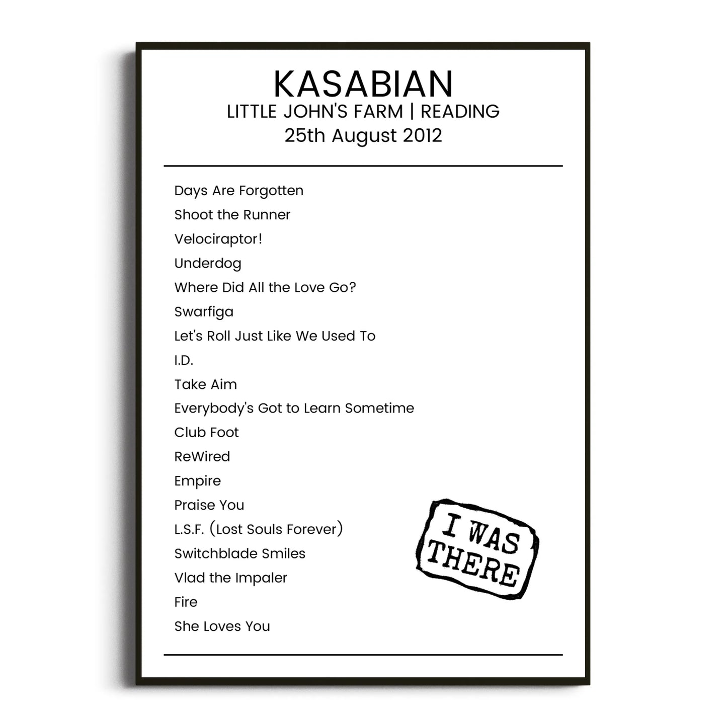 Kasabian Reading 25 August 2012 Setlist Poster