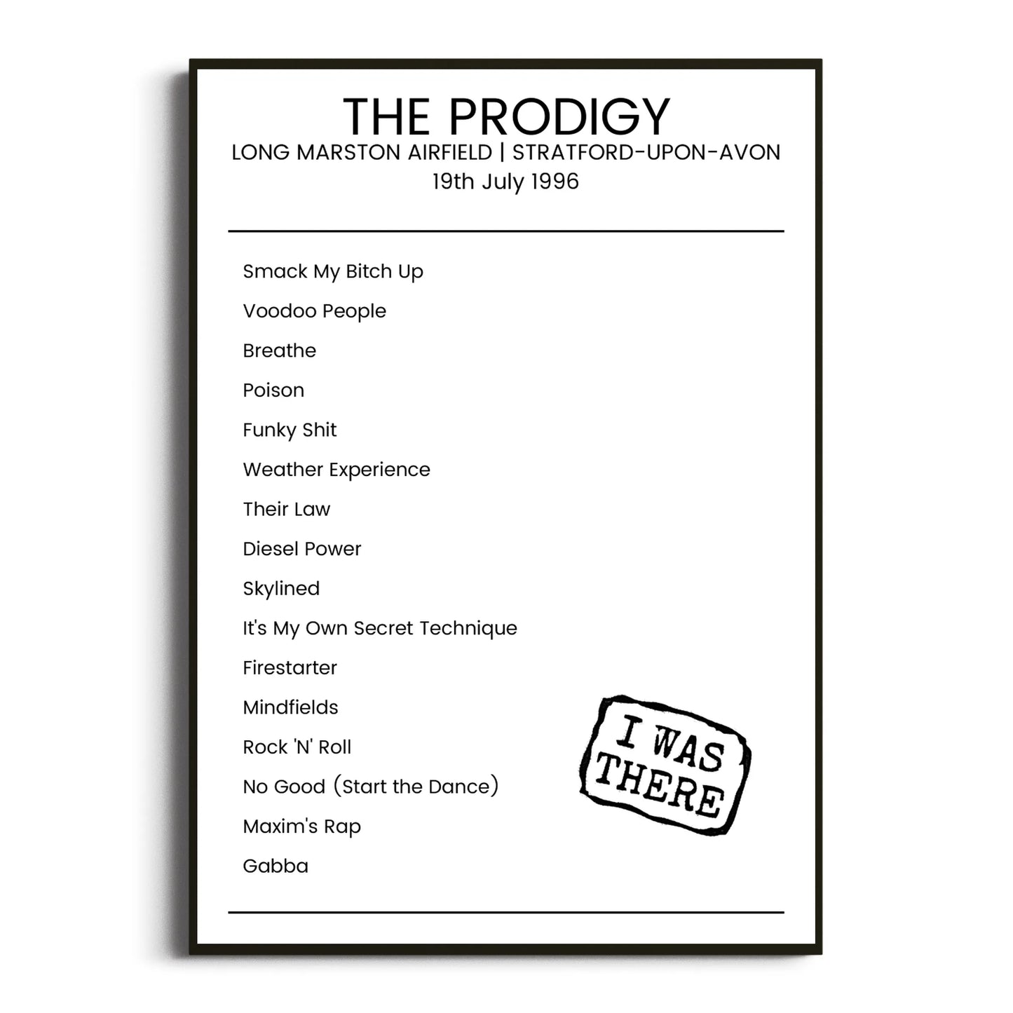 The Prodigy Stratford-upon-Avon 19 July 1996 Setlist Poster