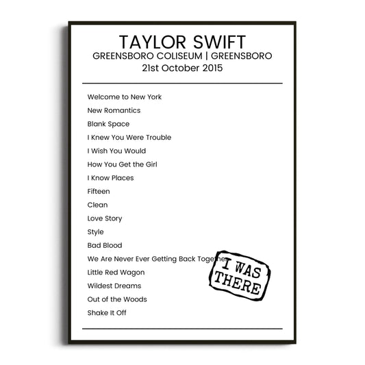 Taylor Swift Greensboro 21 October 2015 Setlist Poster