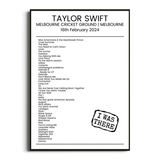 Taylor Swift Melbourne 16 February 2024 Setlist Poster