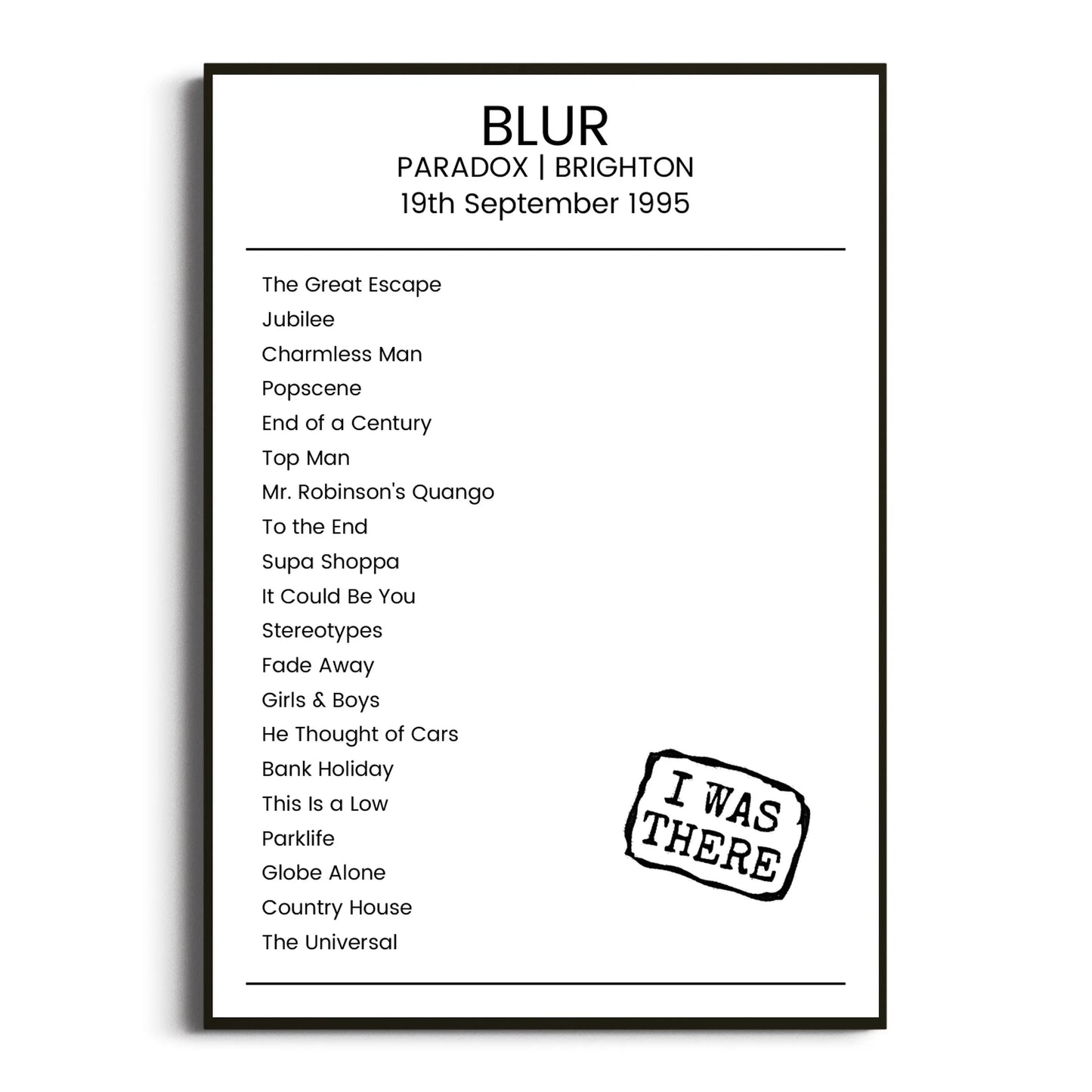 Blur Brighton 19 September 1995 Setlist Poster