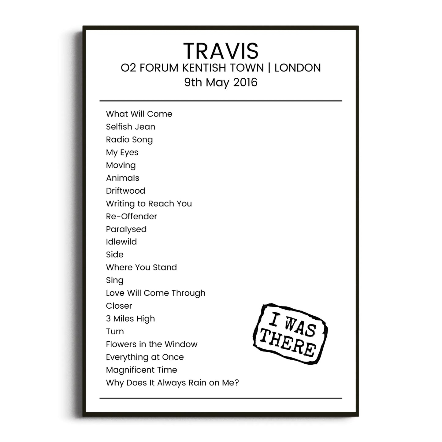 Travis London 09 May 2016 Setlist Poster