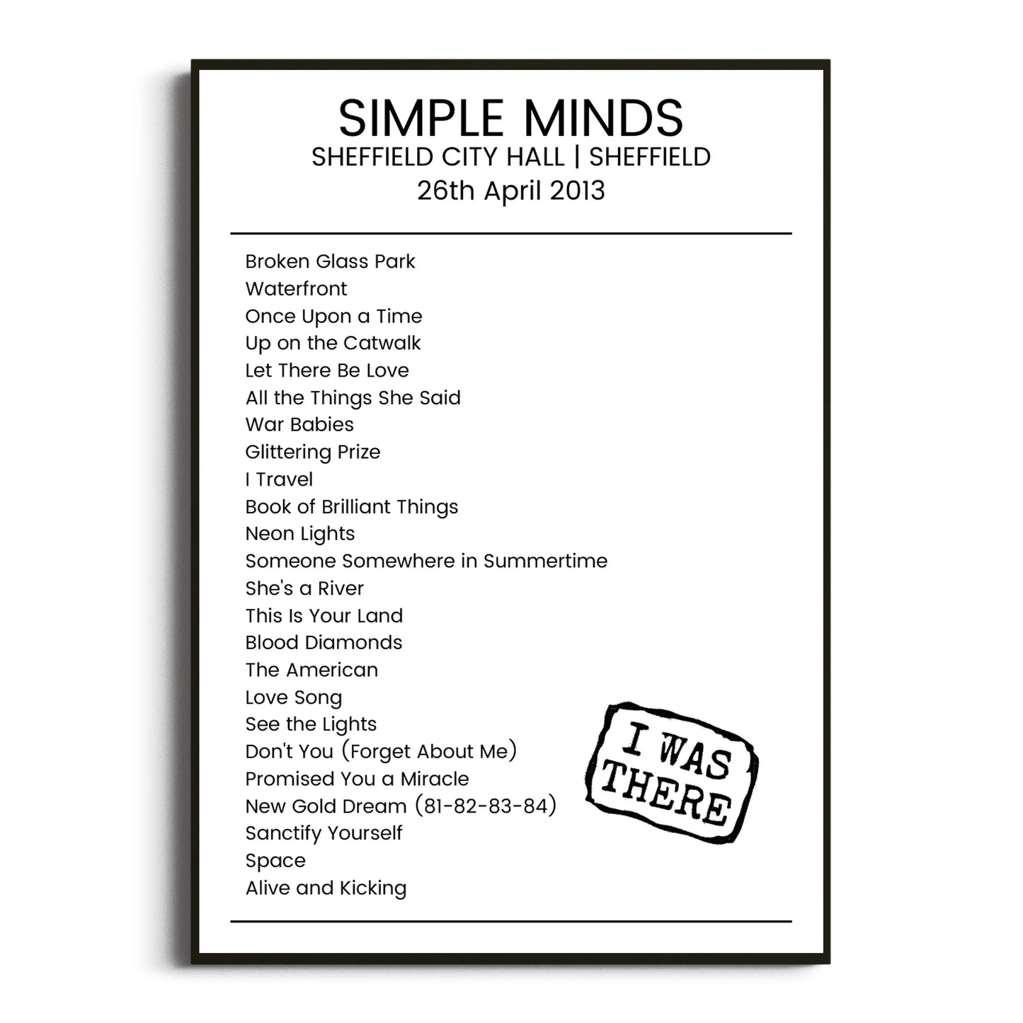 Simple Minds Sheffield 26 April 2013 Setlist Poster