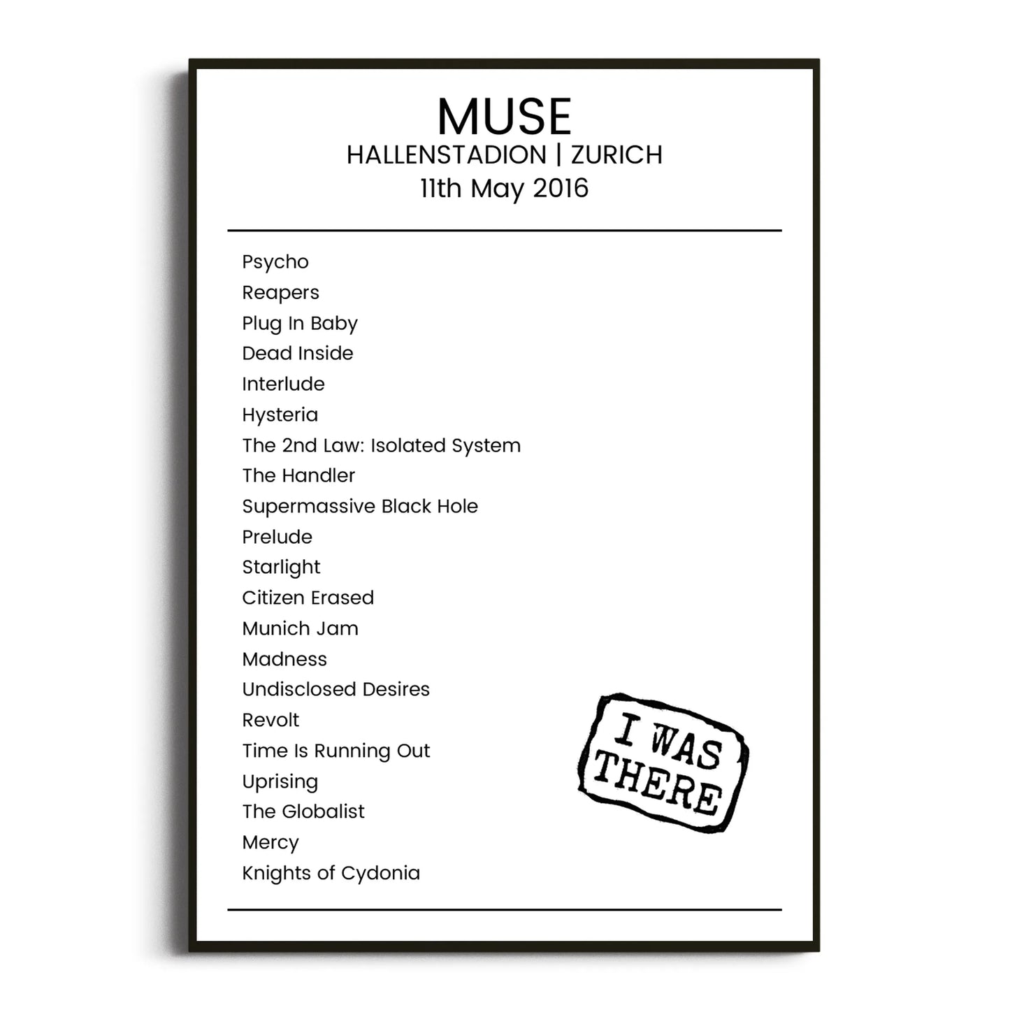 Muse Zurich 11 May 2016 Setlist Poster