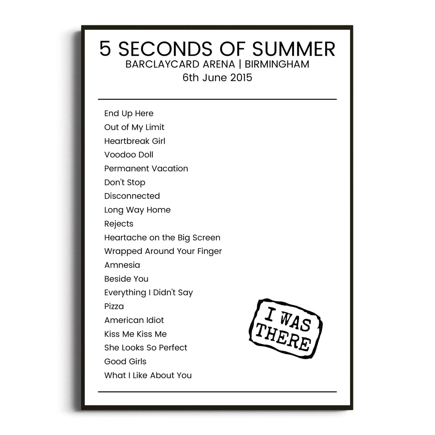 5 Seconds of Summer Birmingham 06 June 2015 Setlist Poster