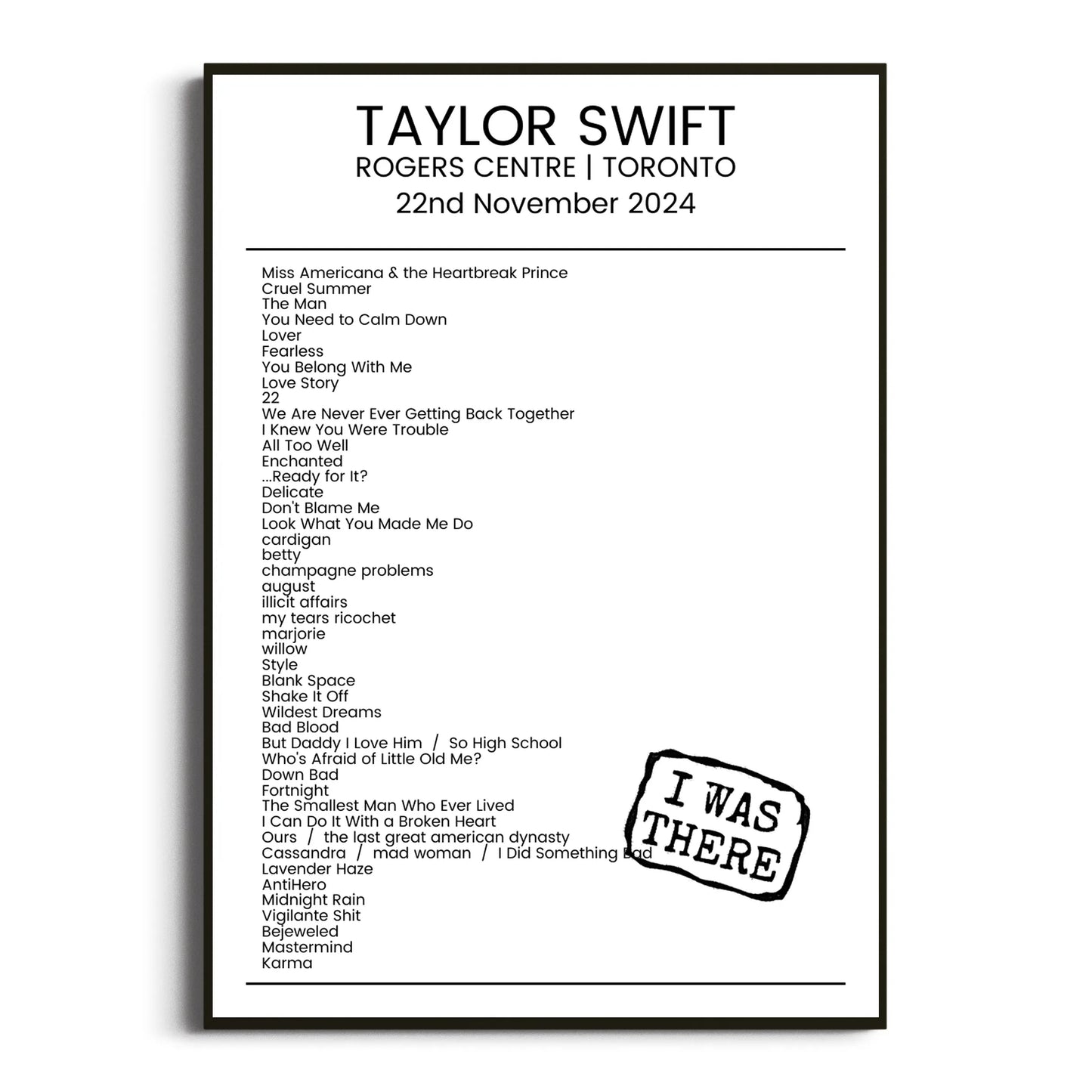 Taylor Swift Toronto 22 November 2024 Setlist Poster