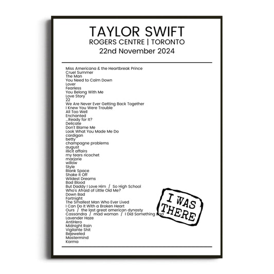 Taylor Swift Toronto 22 November 2024 Setlist Poster