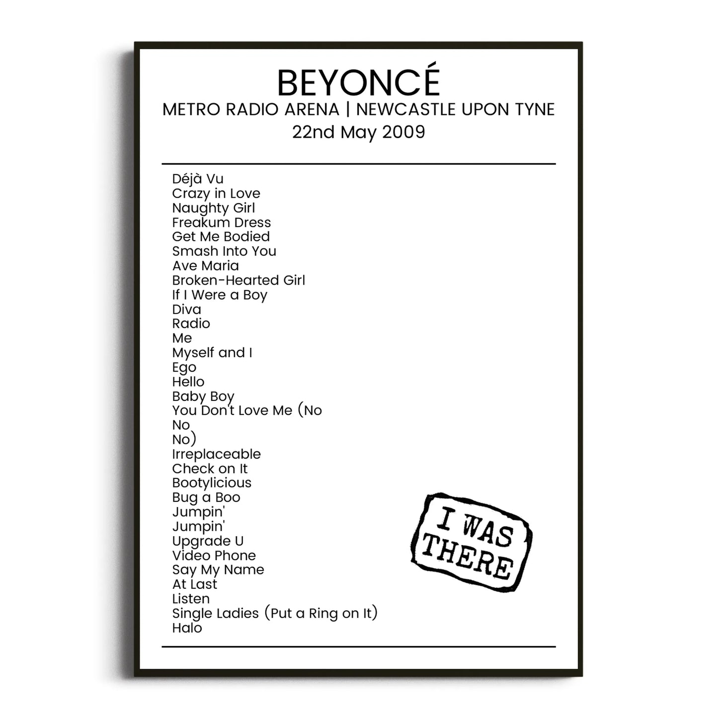 Beyoncé Newcastle upon Tyne 22 May 2009 Setlist Poster