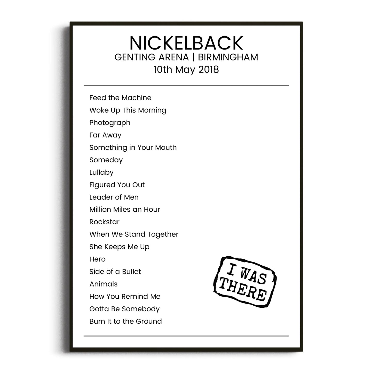 Nickelback Birmingham 10 May 2018 Setlist Poster