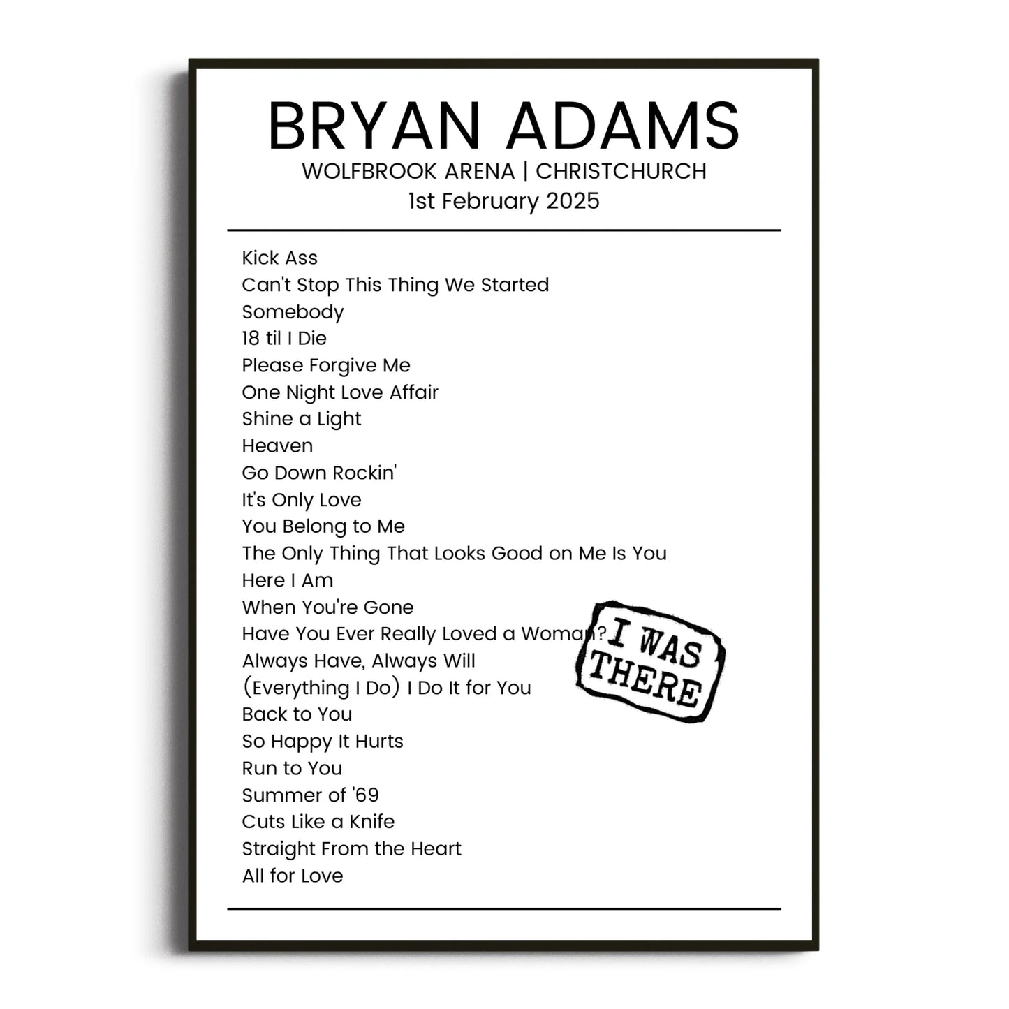 Bryan Adams Christchurch 01 February 2025 Setlist Poster