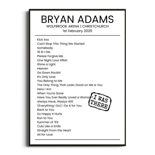 Bryan Adams Christchurch 01 February 2025 Setlist Poster