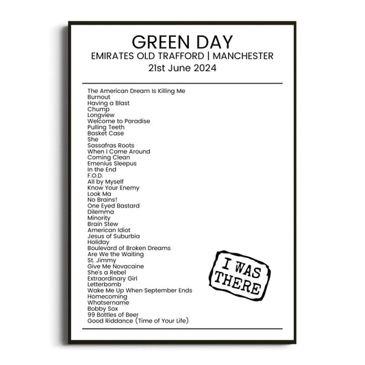 Green Day Manchester 21 June 2024 Setlist Poster